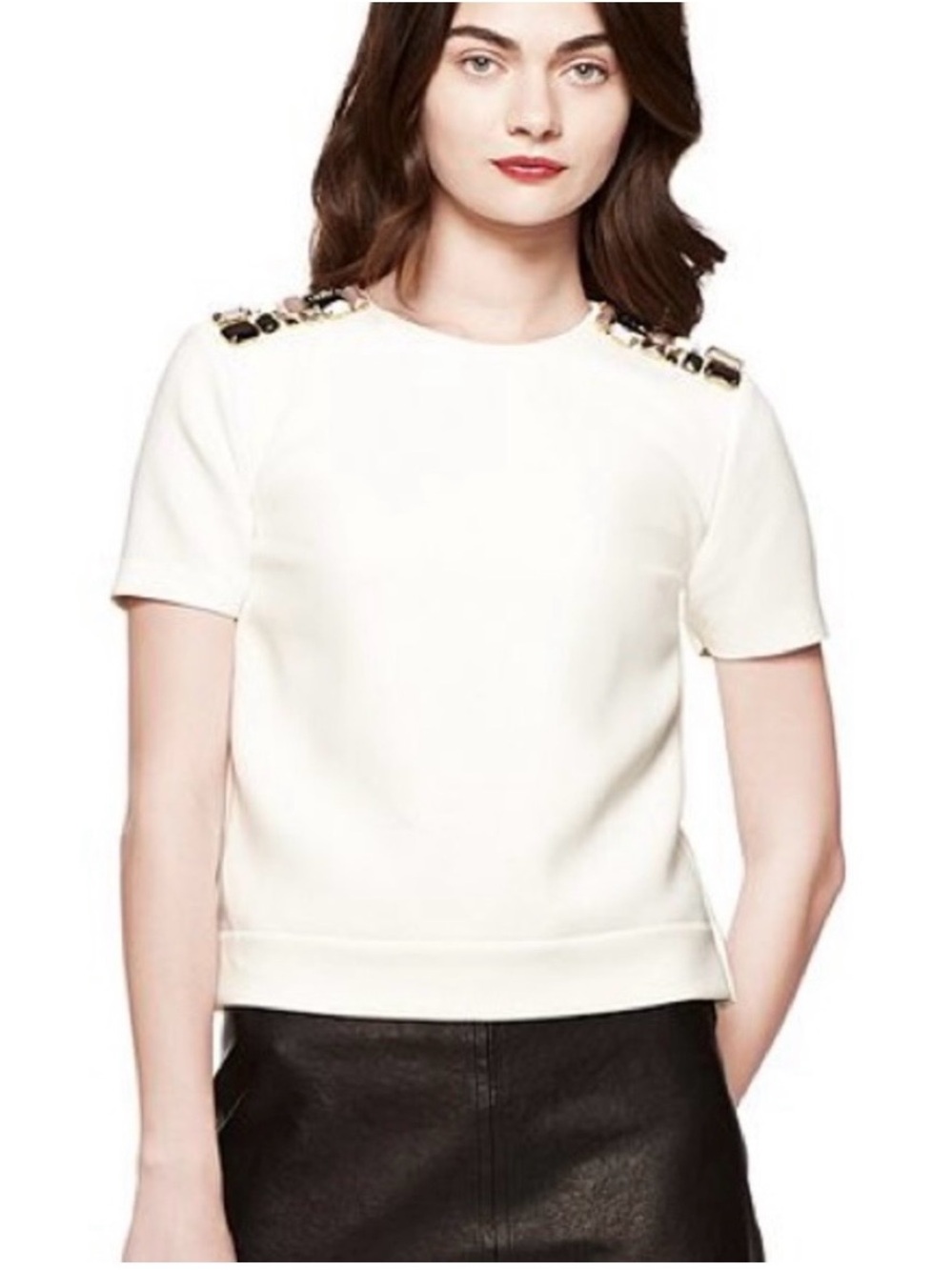 kate spade New York embellished cream short sleeve tunic blouse